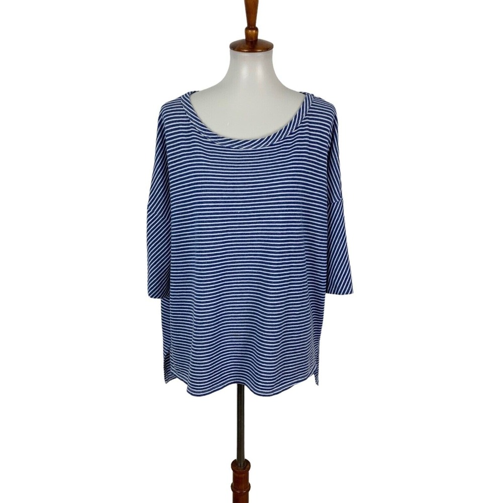 Chaser Blue Striped Boat Neck Top Large 34 Sleeve Soft Lounge Coastal Style